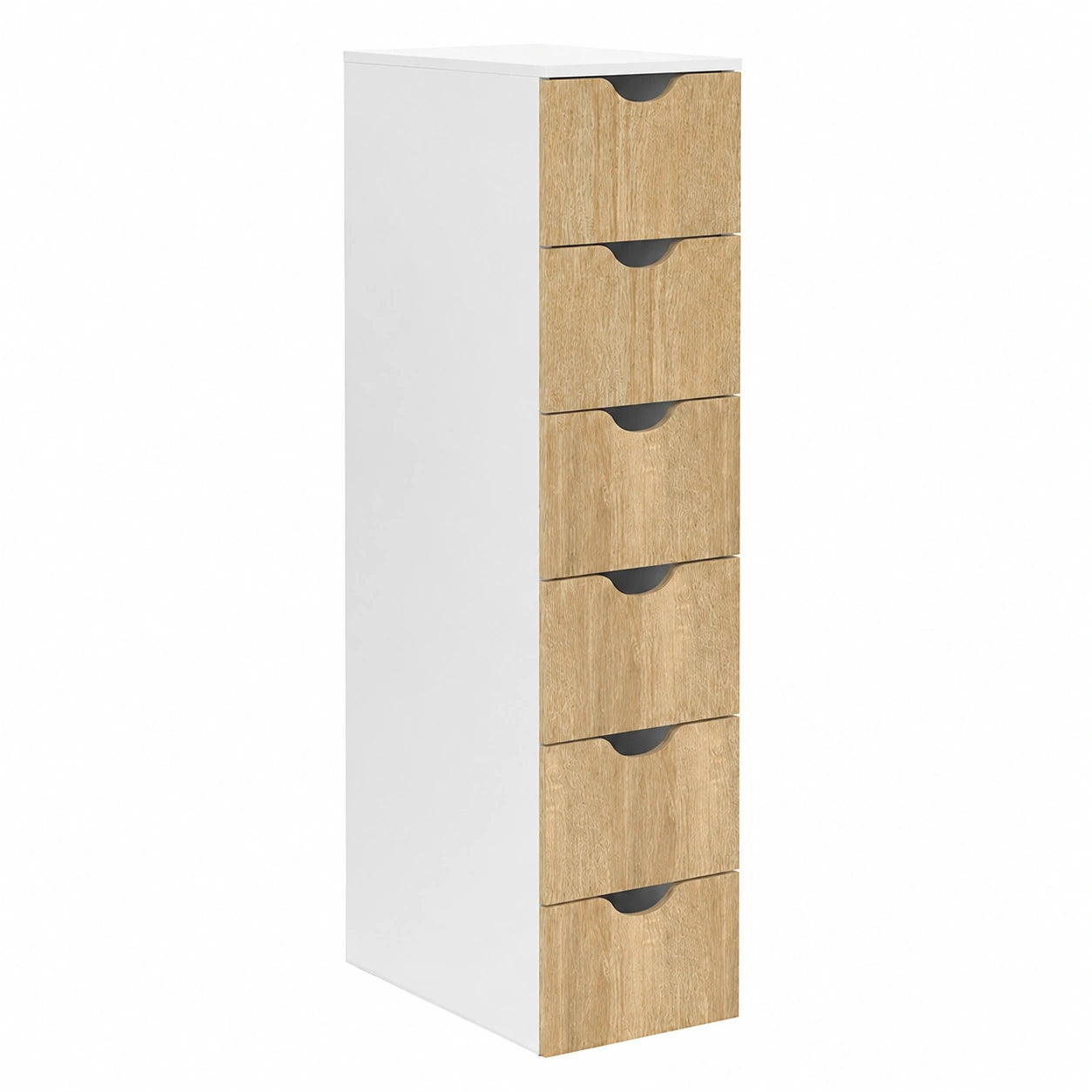 Tour de rangement 6 tiroirs sur roulettes, colonne économique blanc et hêtre