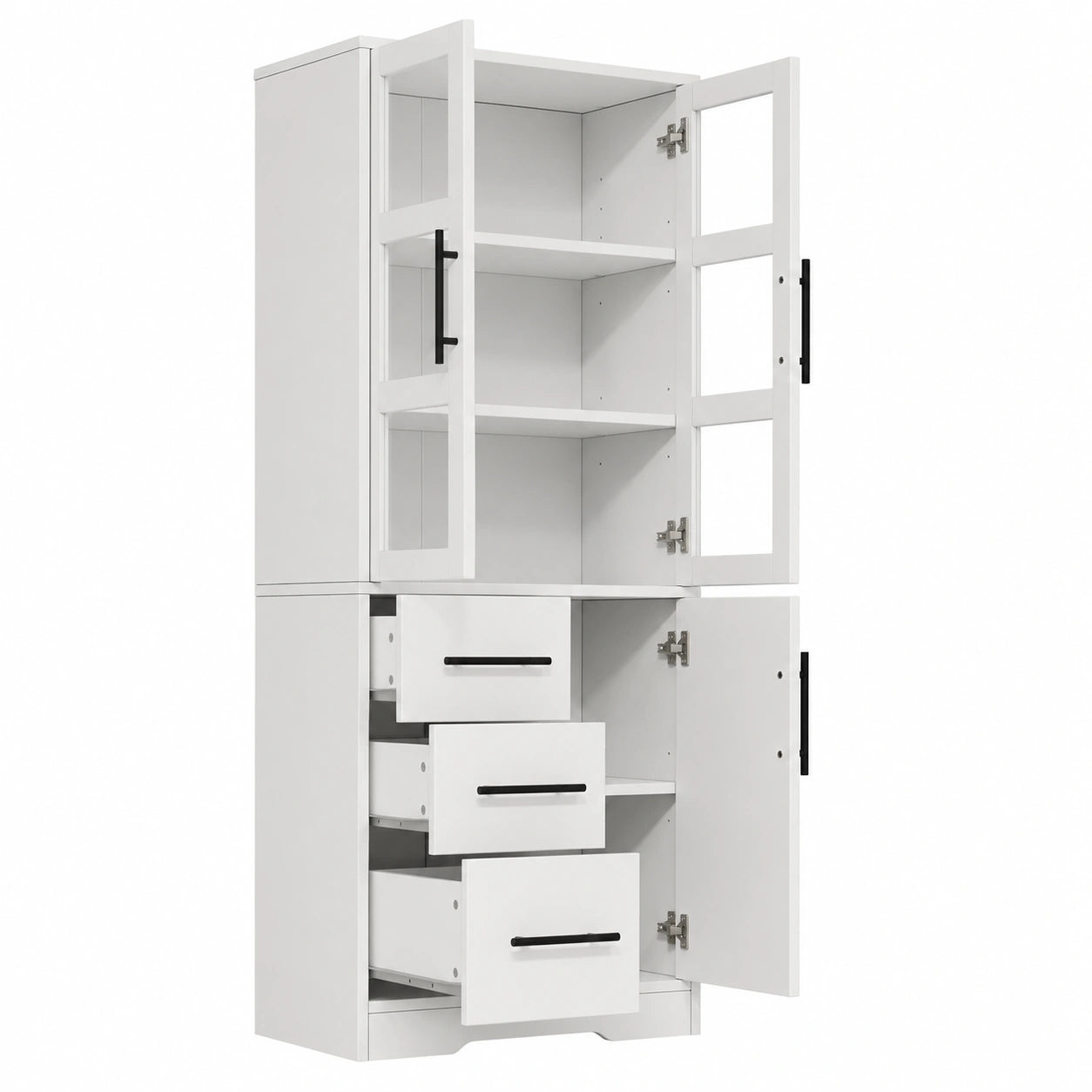 Armoire de salle de bain avec tiroirs et étagères ajustables, portes vitrées et éclairage LED