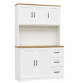Armoire de Cuisine avec LED, Rangement Multifonction 5 Portes, 3 Tiroirs, Étagères Réglables, Prise et USB, Blanc
