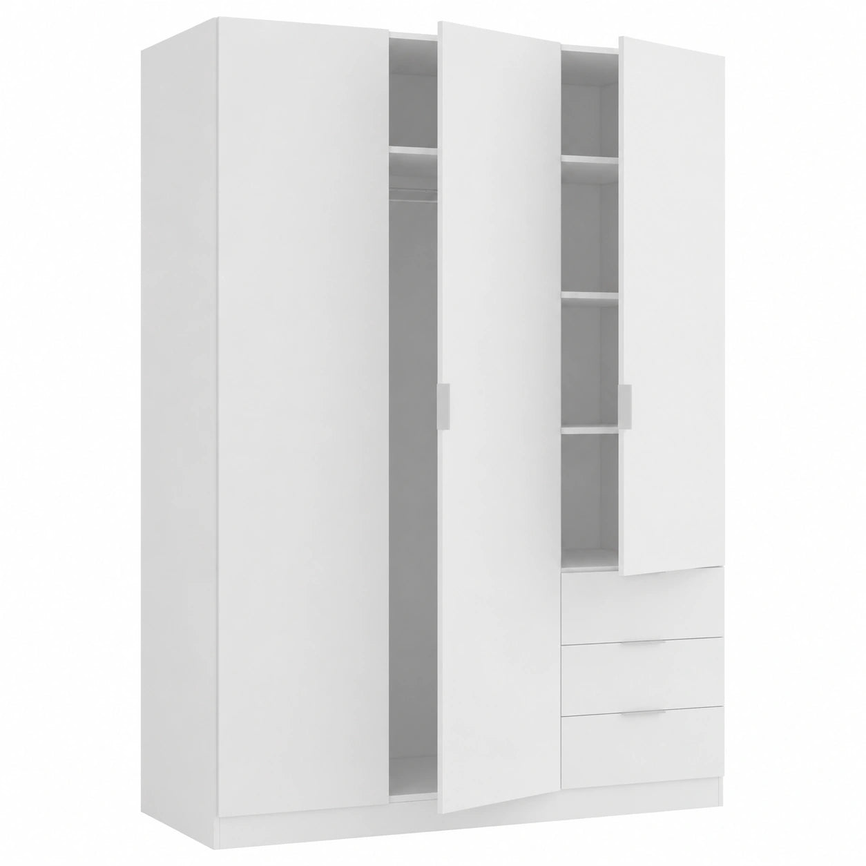 Armoire penderie 3 portes et 3 tiroirs en blanc, dimensions compactes