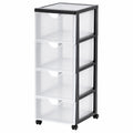Tour de rangement avec roulettes 4 tiroirs grands, plastique noir, utilisation maison & bureau