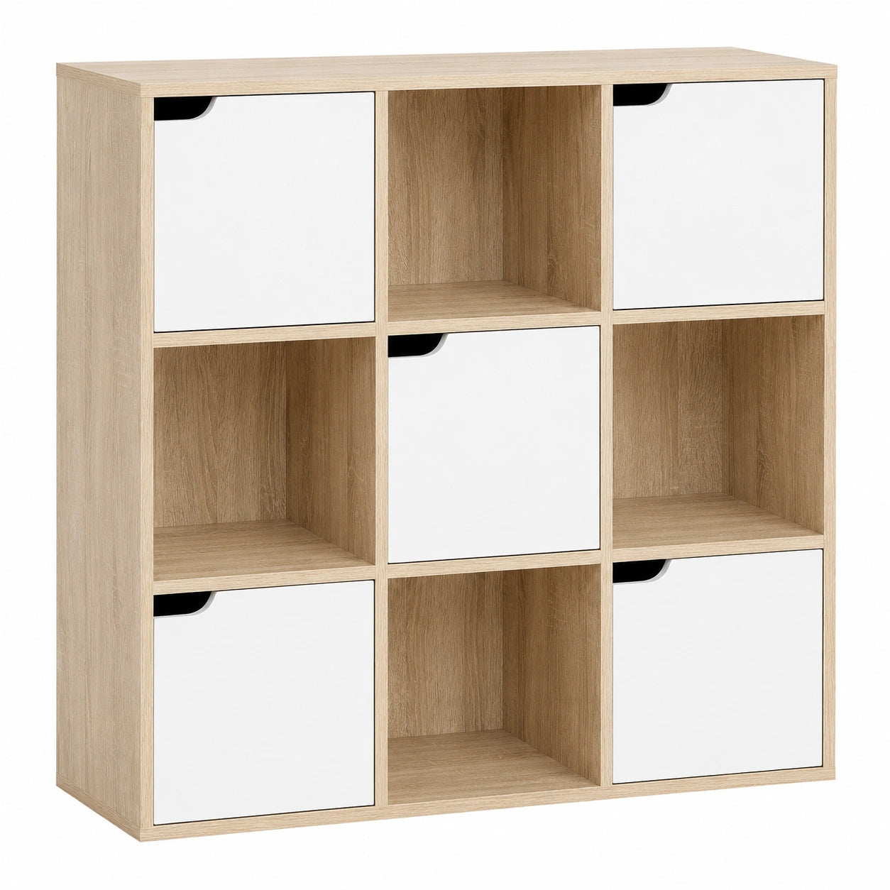 Étagère de Rangement en Bois 9 Cubes avec Portes et Niches Ouvertes Moderne